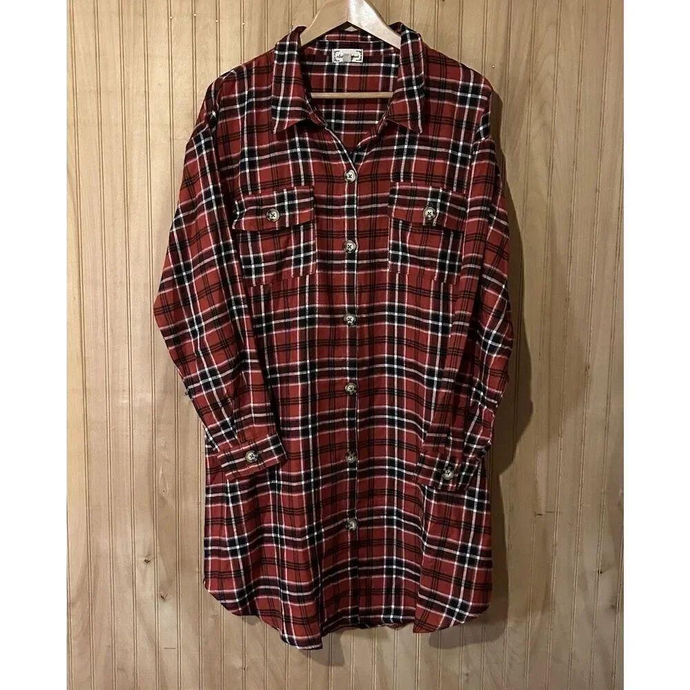 Cloth & Portrait Plaid Shirt Dress Size XL Pocket Long Sleeve